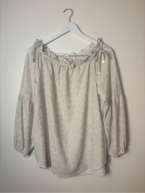Michael Kors Cream & Metallic Gold Paisley Printed Peasant Style Blouse, L